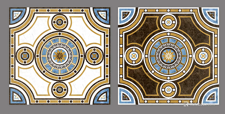 Decorative Floor Tiles Pattern With White Brown Blue Circular Designs And Geometric Accents 3d model 