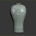 Carved Celadon Vase With Intricate Patterns And Glossy Decorative Ceramic Artwork