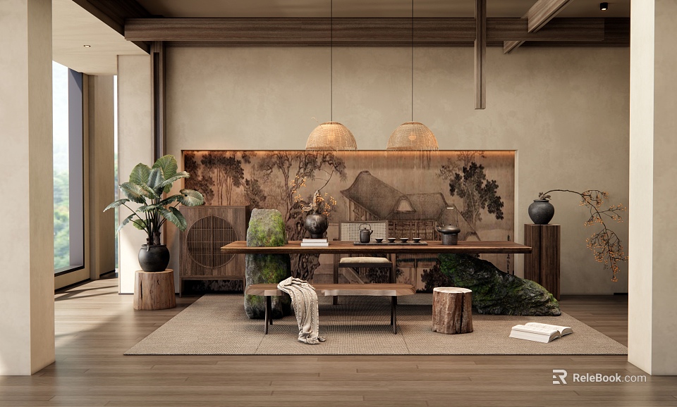 Traditional Tea Room Interior With Wooden Table Hanging Lights Tea Sets And Green Plants 3d model 