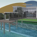 Modern Architectural Design With Curved Glass Roof Yellow Structure Waterfront Green Lawn And Tiled Ground