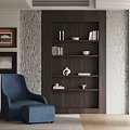 Elegant Modern Study Room Interior With Wooden Bookshelf Blue Armchair And Decorative Items