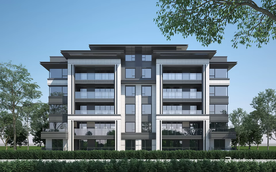 Modern Multi story Residential Building With Balconies Glass Windows And Lush Greenery 3d model 