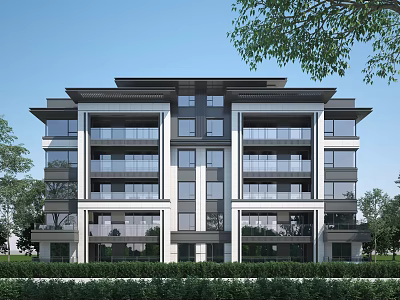 Modern Multi story Residential Building With Balconies Glass Windows And Lush Greenery 3d model