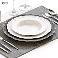 Dining Table Setting With Stacked Plates Wine Glasses Salt Pepper Shakers Utensils And Gray Placemat