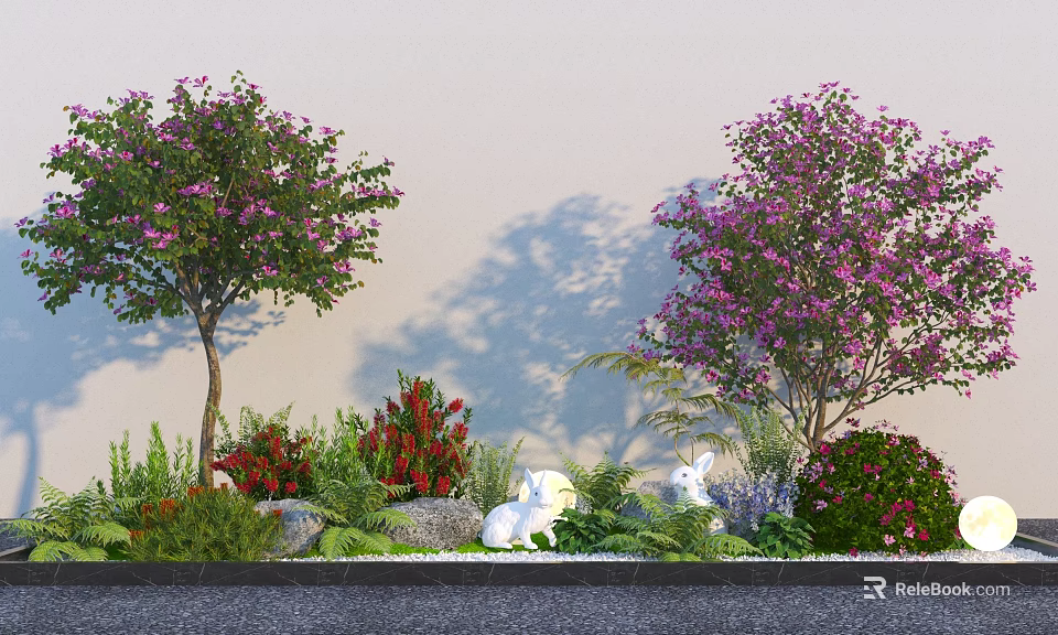 Garden Plant Combination with Purple Flowering Trees Red Flowers Green Grass Stones White Rabbit Decorations 3d model 
