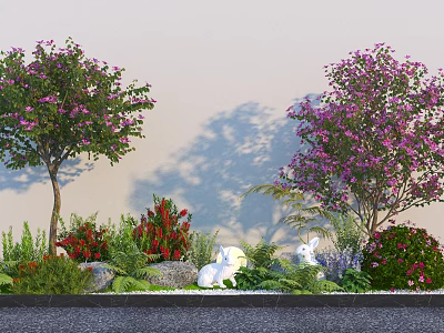 Garden Plant Combination with Purple Flowering Trees Red Flowers Green Grass Stones White Rabbit Decorations 3d model