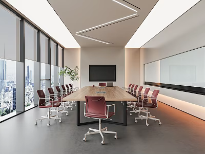 Modern Conference Room Interior With Large Windows City View Long Wooden Table Red Chairs 3d model