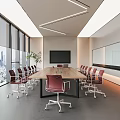 Modern Conference Room Interior With Large Windows City View Long Wooden Table Red Chairs