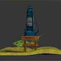 Wooden Stool With Blue Kerosene Lamp And Green Leaf On Yellow Textured Ground