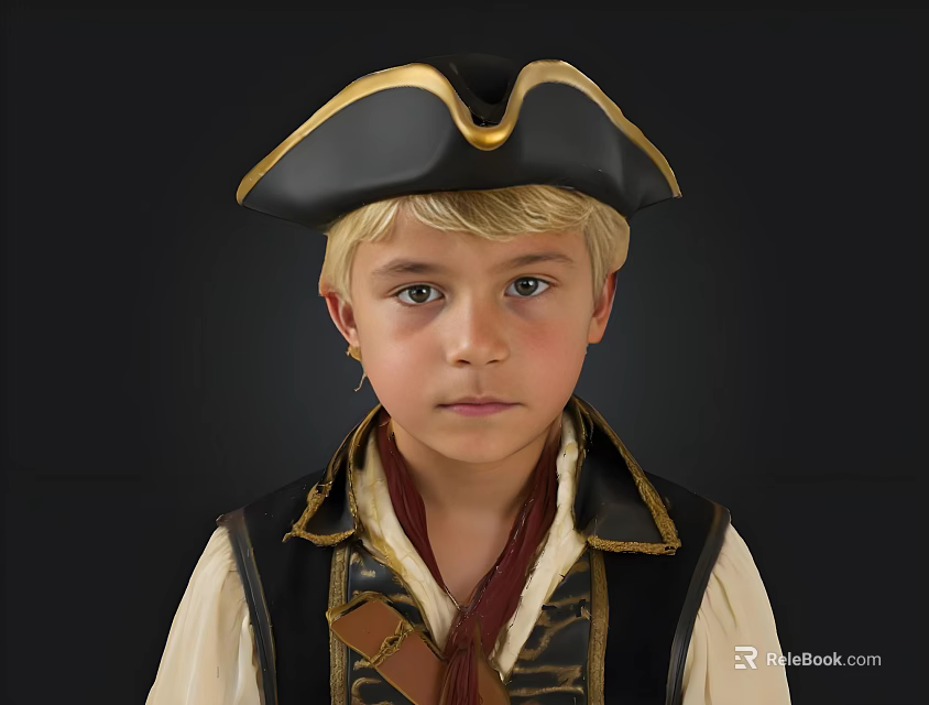 Young Boy in Pirate Costume With Black Gold Trimmed Hat Vest White Shirt Red Scarf 3d model 