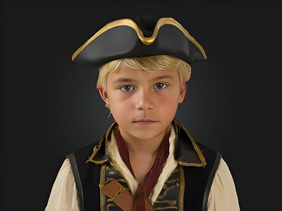 Young Boy in Pirate Costume With Black Gold Trimmed Hat Vest White Shirt Red Scarf 3d model