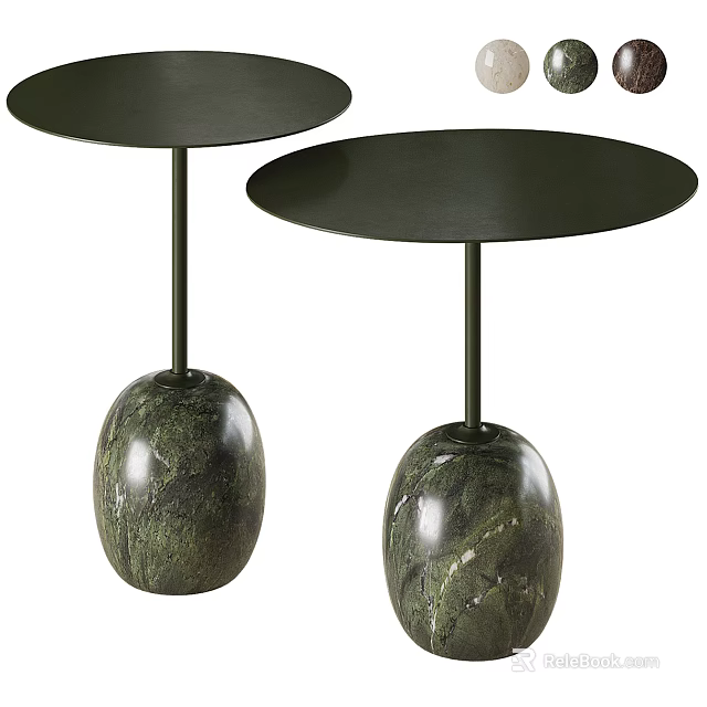 Modern Tea Tables with Black Round Tabletop and Green Marble Spherical Base 3d model