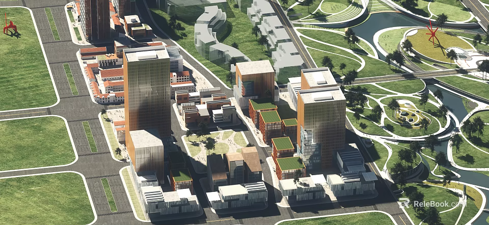 Aerial View Urban Planning With High Rise Buildings Low Rise Structures And Green Spaces 3d model 