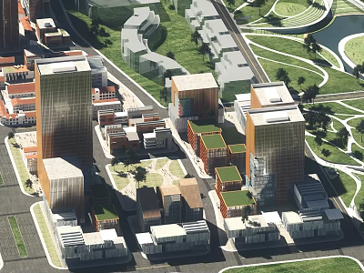 Aerial View Urban Planning With High Rise Buildings Low Rise Structures And Green Spaces 3d model