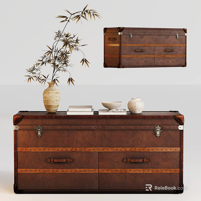 Brown Leather Entryway Side Cabinet With Decorative Vase Books And Bowl 3d model 