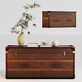 Brown Leather Entryway Side Cabinet With Decorative Vase Books And Bowl