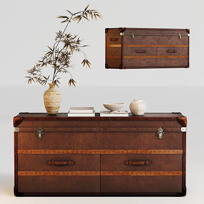 Brown Leather Entryway Side Cabinet With Decorative Vase Books And Bowl 3d model