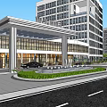 Modern Office Building With Front Plaza Green Trees Lawn And Playground