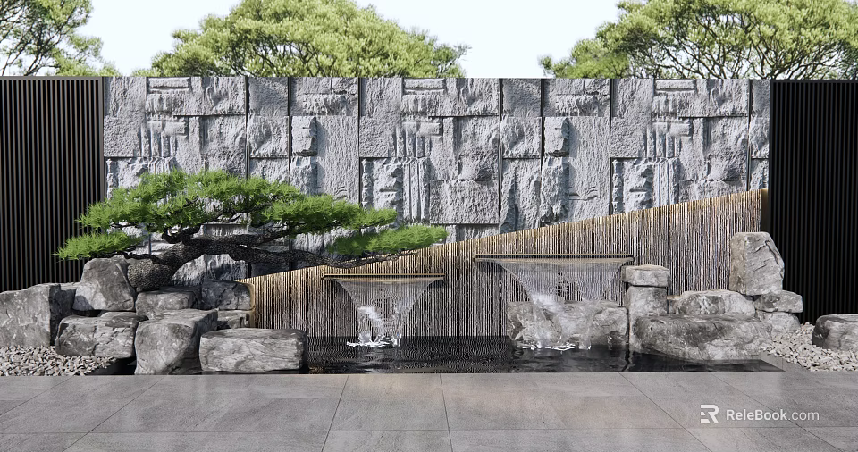 Sculptural Feature Wall With Water Cascade Pine Tree And Stone Elements 3d model 