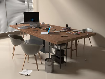 Modern Office Workspace With Wooden Desk Computer Laptop Stationery And Gray Chairs 3d model