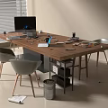 Modern Office Workspace With Wooden Desk Computer Laptop Stationery And Gray Chairs