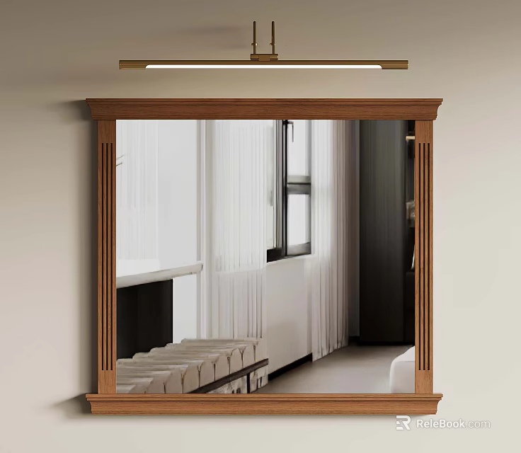 Wooden Framed Mirror On Wall With Ceiling Light Reflecting Window Curtains And Bench 3d model 
