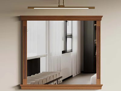Wooden Framed Mirror On Wall With Ceiling Light Reflecting Window Curtains And Bench 3d model