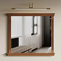 Wooden Framed Mirror On Wall With Ceiling Light Reflecting Window Curtains And Bench
