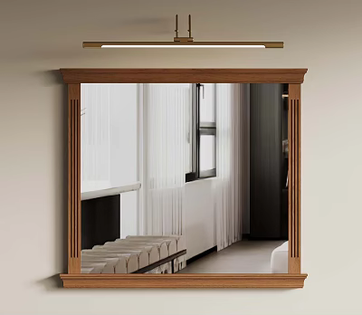Wooden Framed Mirror On Wall With Ceiling Light Reflecting Window Curtains And Bench 3d model