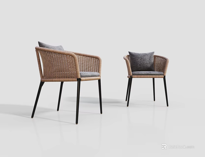 Stylish Modern Rattan Leisure Chairs Set Of Two With Black Legs And Gray Cushions 3d model 