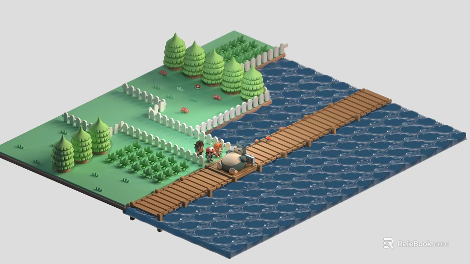 Cartoon Scene with Green Grass Trees White Fence Wooden Bridge and Water 3d model 
