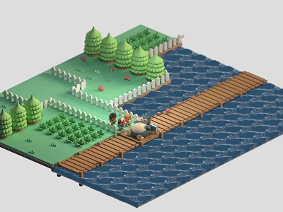 Cartoon Scene with Green Grass Trees White Fence Wooden Bridge and Water 3d model