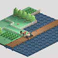 Cartoon Scene with Green Grass Trees White Fence Wooden Bridge and Water