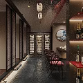 Traditional Japanese Restaurant Interior With Red Lanterns Maple Decor Bar Counter And Wooden Chairs
