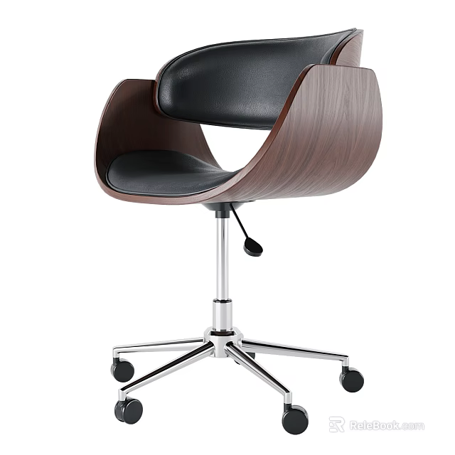 Modern Office Chair With Walnut Wooden Backrest Black Leather Seat And Metal Base Casters 3d model 