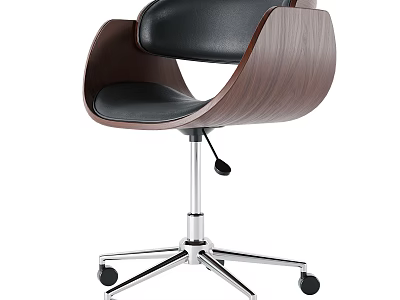 Modern Office Chair With Walnut Wooden Backrest Black Leather Seat And Metal Base Casters 3d model
