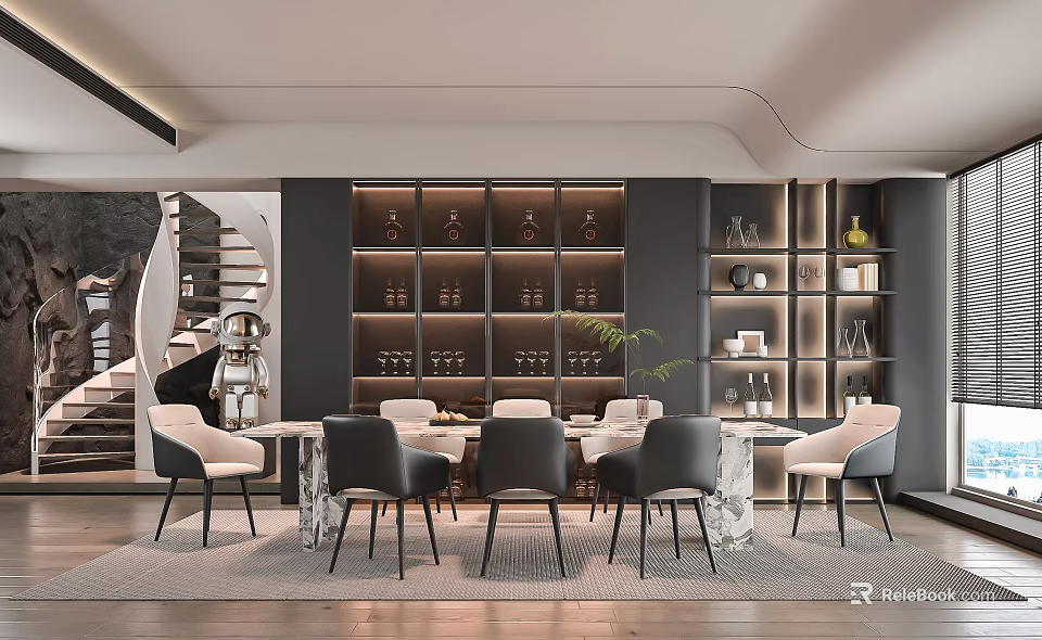 Elegant Modern Restaurant Interior With Dining Table Chairs And Display Shelves 3d model