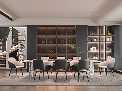 Elegant Modern Restaurant Interior With Dining Table Chairs And Display Shelves 3d model