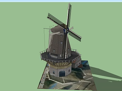 Traditional Windmill Tower Structure With Wooden Blades And Circular Base 3d model