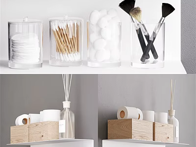 Bathroom Accessories With Transparent Containers Cotton Pads Swabs Balls And Wooden Storage Boxes 3d model