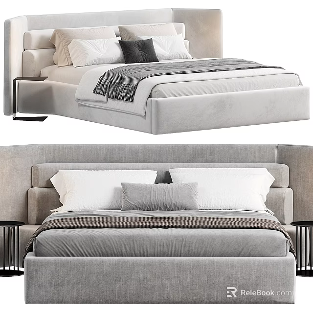 Modern Upholstered Double Bed With Soft Headboard White Pillows And Gray Blanket 3d model