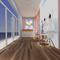 Modern Fitness Studio Rest Area With Wooden Flooring Tables And Mural Art
