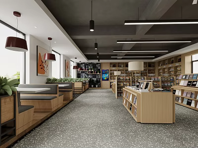 Contemporary Book Art Bookstore Interior With Wooden Bookshelves Benches Plants And Windows 3d model