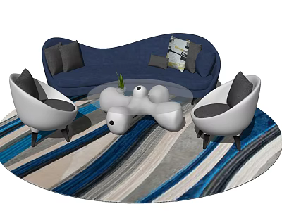 Modern Blue Curved Sofa With White Armchairs Black Cushions Unique Coffee Table And Striped Rug 3d model