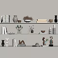 Decorative Ornament Set with Vases Books Sculptures and Plants for Home Shelf