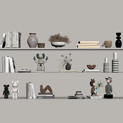 Decorative Ornament Set with Vases Books Sculptures and Plants for Home Shelf 3d model