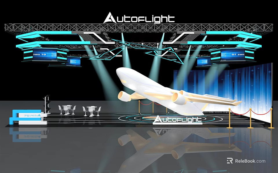 AutoFlight Exhibition Booth Featuring Aircraft Model Blue Lighting Elements And Display Area 3d model 