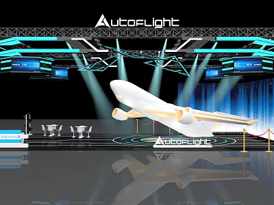 AutoFlight Exhibition Booth Featuring Aircraft Model Blue Lighting Elements And Display Area 3d model