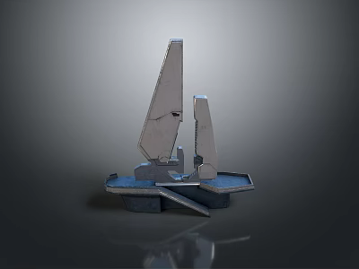 Scenic View Of Abstract Sailboat Structure On Blue Water Surface With Gray Sky 3d model
