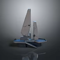Scenic View Of Abstract Sailboat Structure On Blue Water Surface With Gray Sky